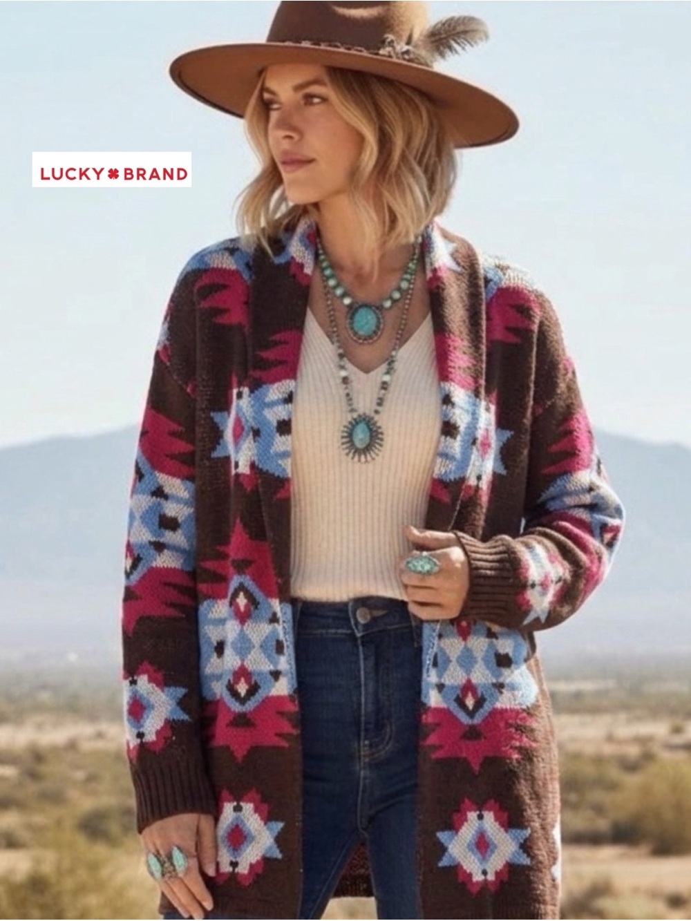 Lucky Brand Aztec Southwestern Cardigan Shawl Collar Knit Sweater Boho Western M